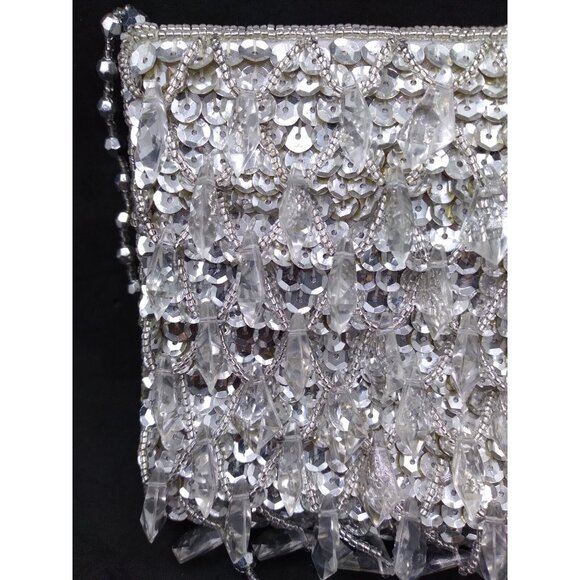 Vtg. La Regale Formal Clear Faux Crystal Bead Silver Gold sequined Hand Bag READ - Picture 8 of 10